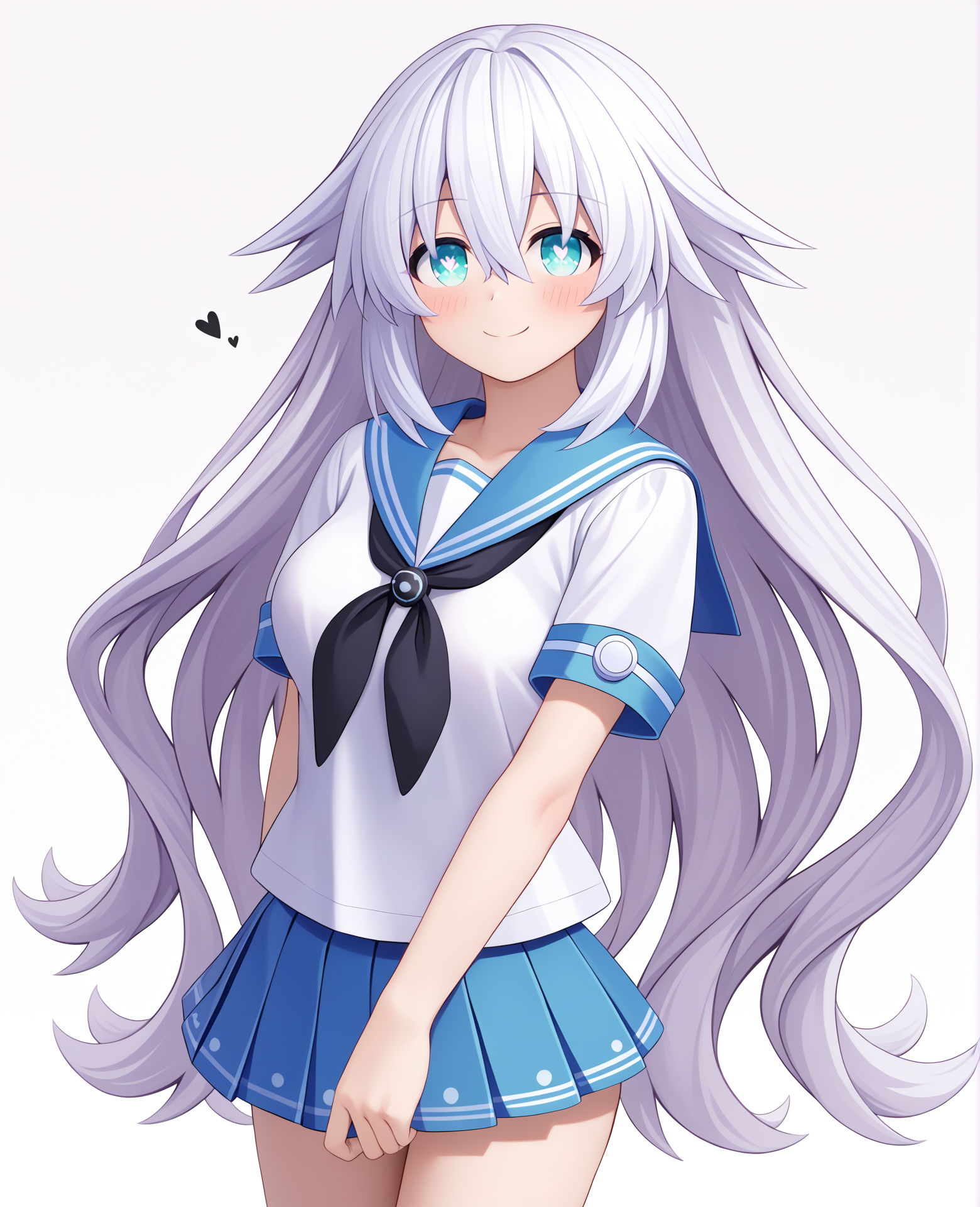 score_9, score_8_up, score_7_up, highres, 2024, BREAK, hi res, source_anime, best quality, masterpiece, 2d, intricate details, official style, anime, 4k, anime style,
1girl, female, solo, blush, smile, bangs, power symbol, symbol-shaped pupils, aqua eyes, blue eyes, very long hair, white hair, long hair, hair between eyes, breasts, medium breasts, black heart \(neptunia\),
school uniform, serafuku, pleated skirt, sailor collar, 
cowboy shot, looking at viewer, white background, simple background, gradient background, <lora:add_betterhole_pony:0.4>, <lora:BlackHeart1024_Pony:1>