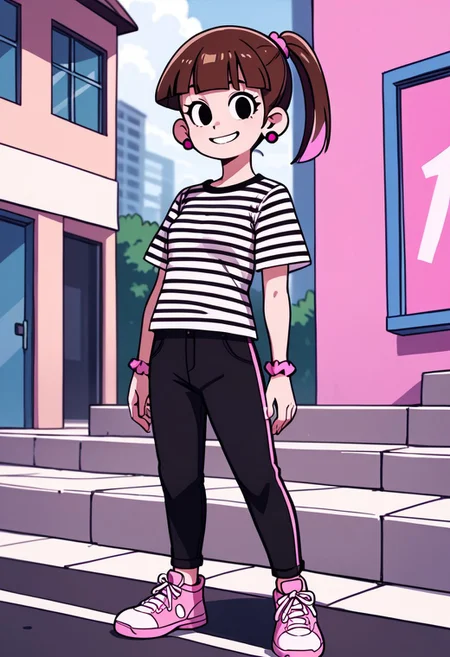 score_9, score_8_up, score_7_up BREAK SonyaToast, 1girl, brown hair, blunt bangs, black eyes, ponytail with pink accents, pink scrunchie, fuchsia pearl earrings, short-sleeved black white striped shirt, black pants, pink white high-top sneakers, smiling at viewer, cartoon, source_cartoon,