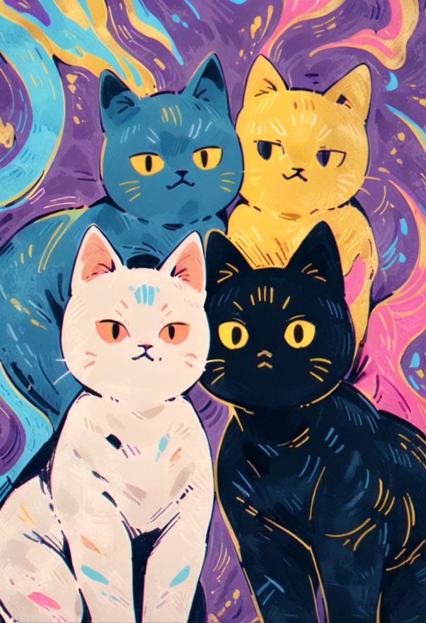 masterpiece, best quality, very aesthetic, absurdres, no human, retro color, analog noise, gold foil speed line nebula background, shaped like realistic cats, 2 cats, mix of colors psychedelic background,