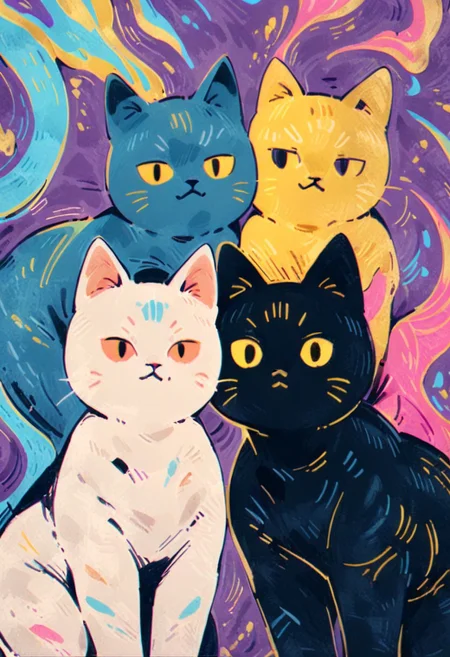 masterpiece, best quality, very aesthetic, absurdres, no human, retro color, analog noise, gold foil speed line nebula background, shaped like realistic cats, 2 cats, mix of colors psychedelic background,