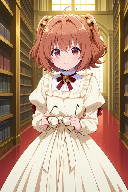 absurdres, highres, masterpiece, best quality, amazing quality, official anime artwork, screencap, anime screencap, indoors, looking at viewer, dynamic pose, library, light smile, 
 <lora:Kosuzu-Motoori_Illustrious:1> motoori kosuzu, 1girl, solo, brown eyes, brown hair, twintails, short hair,, motoori kosuzu \(the white book of gossip\), ahoge, twin drills, drill hair, two side up, alternate costume, bell, white dress, frilled dress, juliet sleeves, long dress, long sleeves, puffy sleeves,   unworn eyewear, holding removed eyewear,