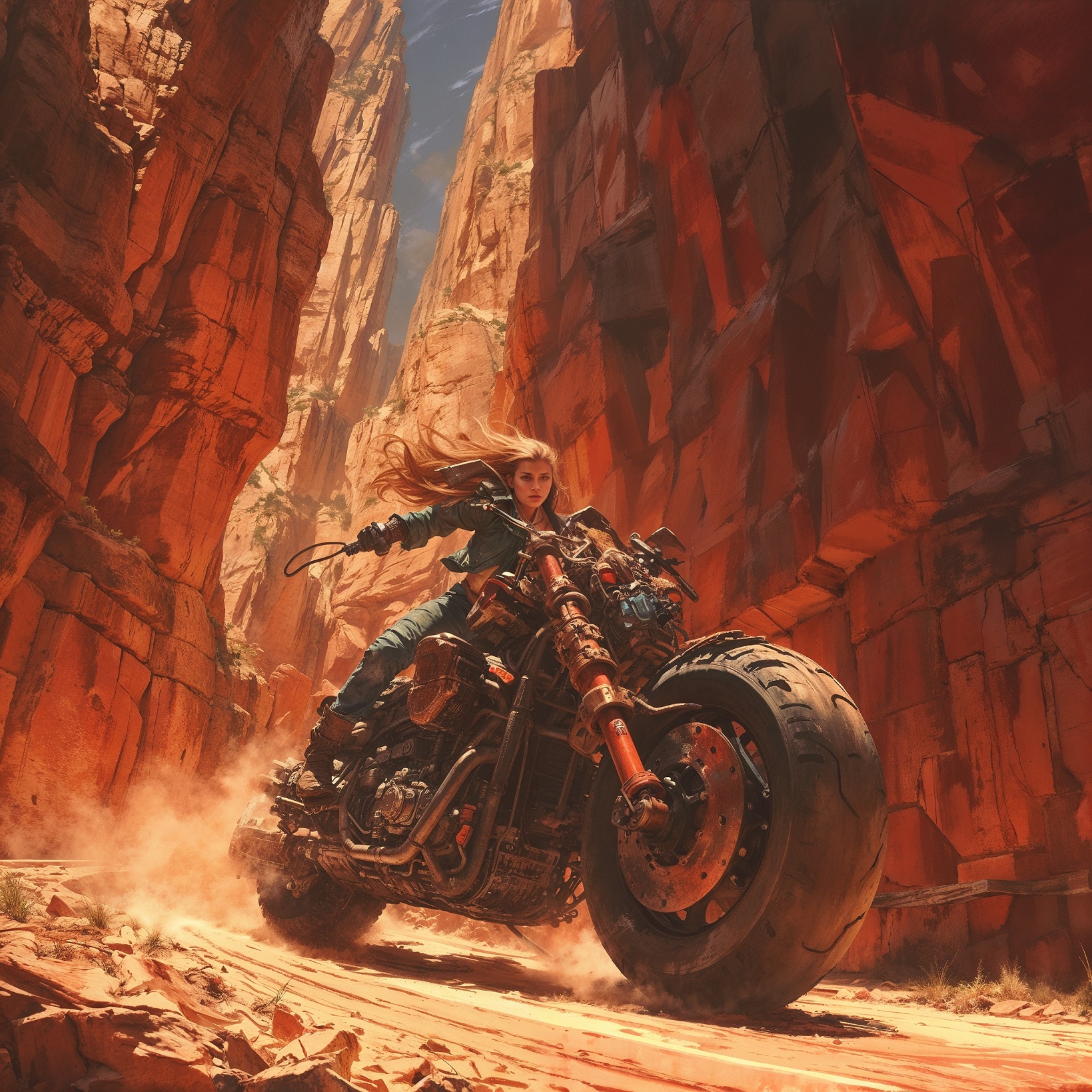 motorcycle rider riding through a rocky canyon with a mountain in the background, motorcycle concept art, by Aleksander Gine, by Ryan Barger, james gurney painting style, peter mohrbacher. unreal engine, inspired by Craig Mullins, by Michael Komarck, bastien grivet, ross tran. scenic background.