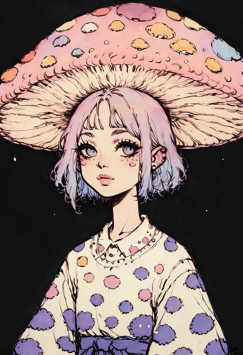score_9, score_8_up, score_7_up, score_6_up, d4rkpurp, black background, little mushroom with face, d4rkpurp, (watercolor painting), pastels