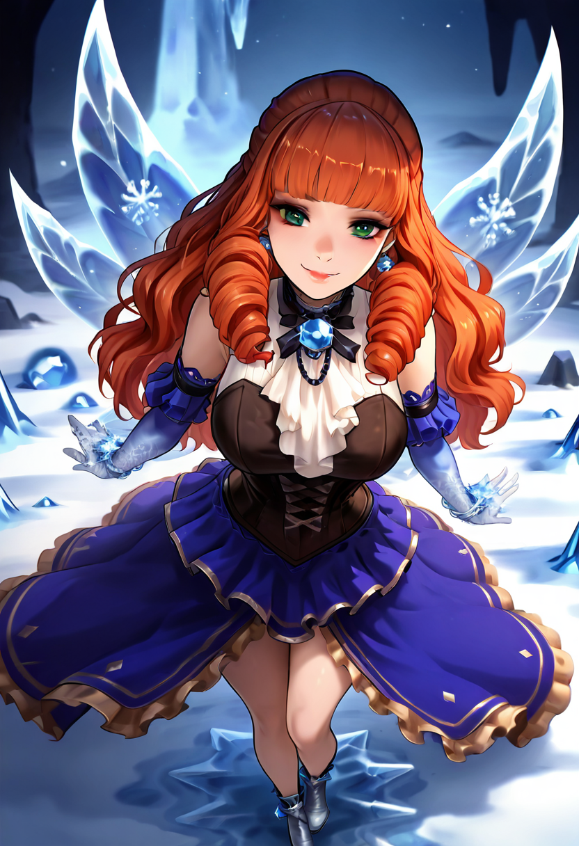 masterpiece, best quality, solo, curvy, beautiful eyes, narrow waist, wide hips, 1girl, solo, smile, looking at viewer, dynamic angle, foreshortening, close up,    zzGuinevere, green eyes, orange hair, blunt bangs, long hair, drill hair,   ,       <lora:GuinevereMLIXL:1.0>, [Ice Fairy], pale blue gown made from shimmering ice crystals and snowflakes, silver lace gloves with frost patterns, icicle-shaped earrings, transparent ice-blue wings that shimmer like frozen water, silver boots that leave a frosty trail, standing in a frozen palace with snow swirling around, cold winter wind blowing softly,
