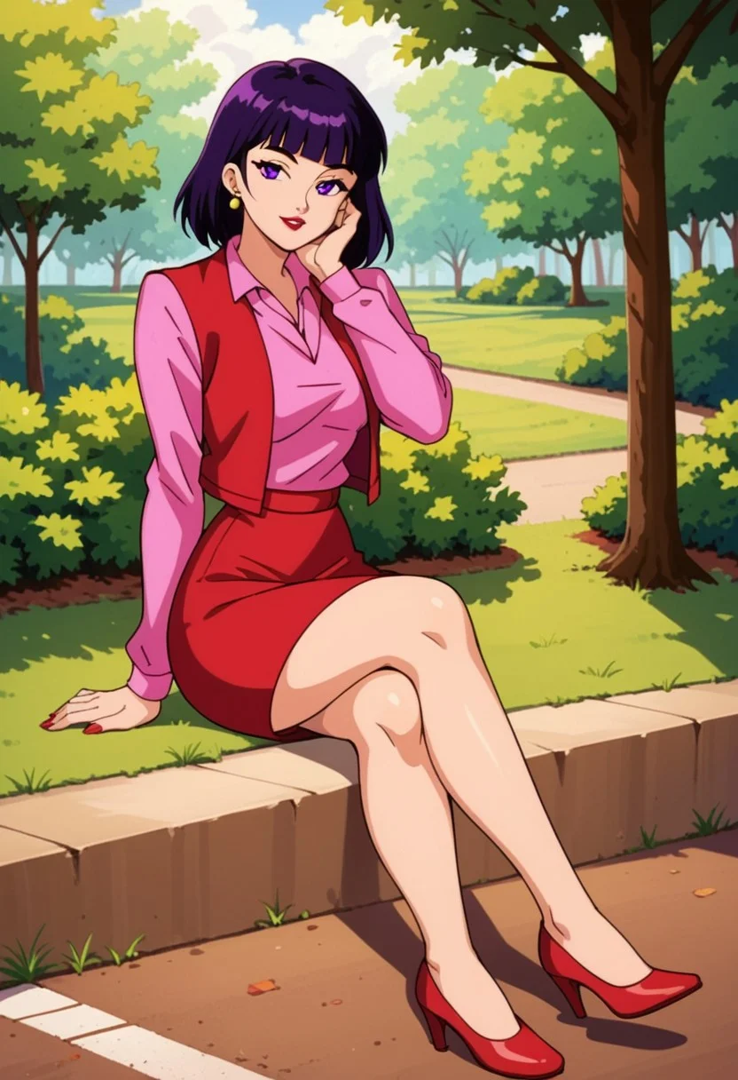 retro artstyle, solo, score_9,score_8_up,score_7_up,score_6_up,score_5_up,score_4_up, 1girl, female focus, mskas_vi0l3t, source_anime, 1990s \(style\), anime coloring, full body, sitting, crossed legs, park, day, trees, foliage, road, arm rest, hand on own cheek, medium hair, black hair, blunt bangs, purple eyes, red lipstick, red high heels, pink shirt, red skirt, pencil skirt, red vest, purple stud earrings, looking at viewer, parted lips, day, shoe dangle,