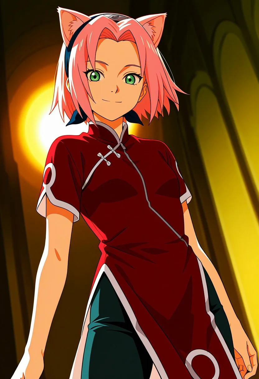 Score_9_up, score_8_up, score_7_up, source_anime, Expressiveh, perfect eyes, 1girl, solo, 1girl, haruno sakura, pink hair, short hair, green eyes, slim body,Small breasts,
red shirt, red qipao, black short sleeves, bike shorts,pink cat ears,smiling,
score_9, score_8_up, score_7_up, score_6_up, score_5_up, score_4_up, masterpiece, 4K, quad HD, best quality, high quality, highres, stunning details, highly detailed, ultra detailed, extreme detail, perfect composition, very aesthetic, sharp focus, crisp details, vivid colors, soft lighting, cinematic lighting, dynamic lighting, volumetric lighting, sharp contrast, smooth shading, intricate details, cinematic color grading, clear details, harmonious composition, vibrant colors, ambient lighting, anime-style illustration, vibrant and expressive, ultra-detailed, high-resolution, smooth shading, cel shading, vivid anime colors, best quality, intricate details, elegant pose, cinematic lighting, dynamic composition, anime fantasy background, soft glow, dreamy atmosphere, stunning character design, expressive eyes, 4K HD, anime artstation trending,, ansrd