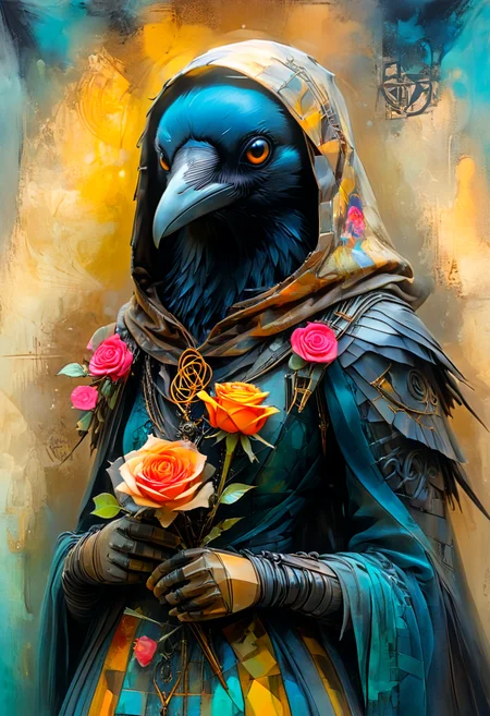 powerful artistic vision of Corvidfolk holding a rose in her beak, dress and hood, vibrant alcohol ink and, geometric patterns and glowing symbols, in the style of Ashley Wood, in the style of Leonardo DaVinci, of shifting light, energies intertwining, Volumetric and synthetic, enigmatic, Alienesque and enigmatic, suspended, melancholic and, with protruding sharp edges masterpiece, beautiful, best quality, absurd resolution, 8k, uhd, extreme details. breathtaking masterpiece made by great artist. best quality, high resolution, psychedelic style Corvidfolk holding a rose in her beak, dress and hood, vibrant alcohol ink and, geometric patterns and glowing symbols, in the style of Ashley Wood, in the style of Leonardo DaVinci, of shifting light, energies intertwining, Volumetric and synthetic, enigmatic, Alienesque and enigmatic, suspended, melancholic and, with protruding sharp edges masterpiece, beautiful, best quality, absurd resolution, 8k, uhd, extreme details . vibrant colors, swirling patterns, abstract forms, surreal, trippy