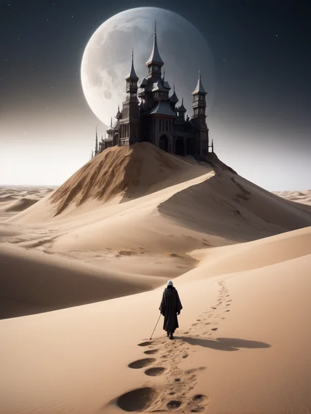 Whispering Dunes Transcends against the Astral Cathedral in the style of Tsutomu Nihei
