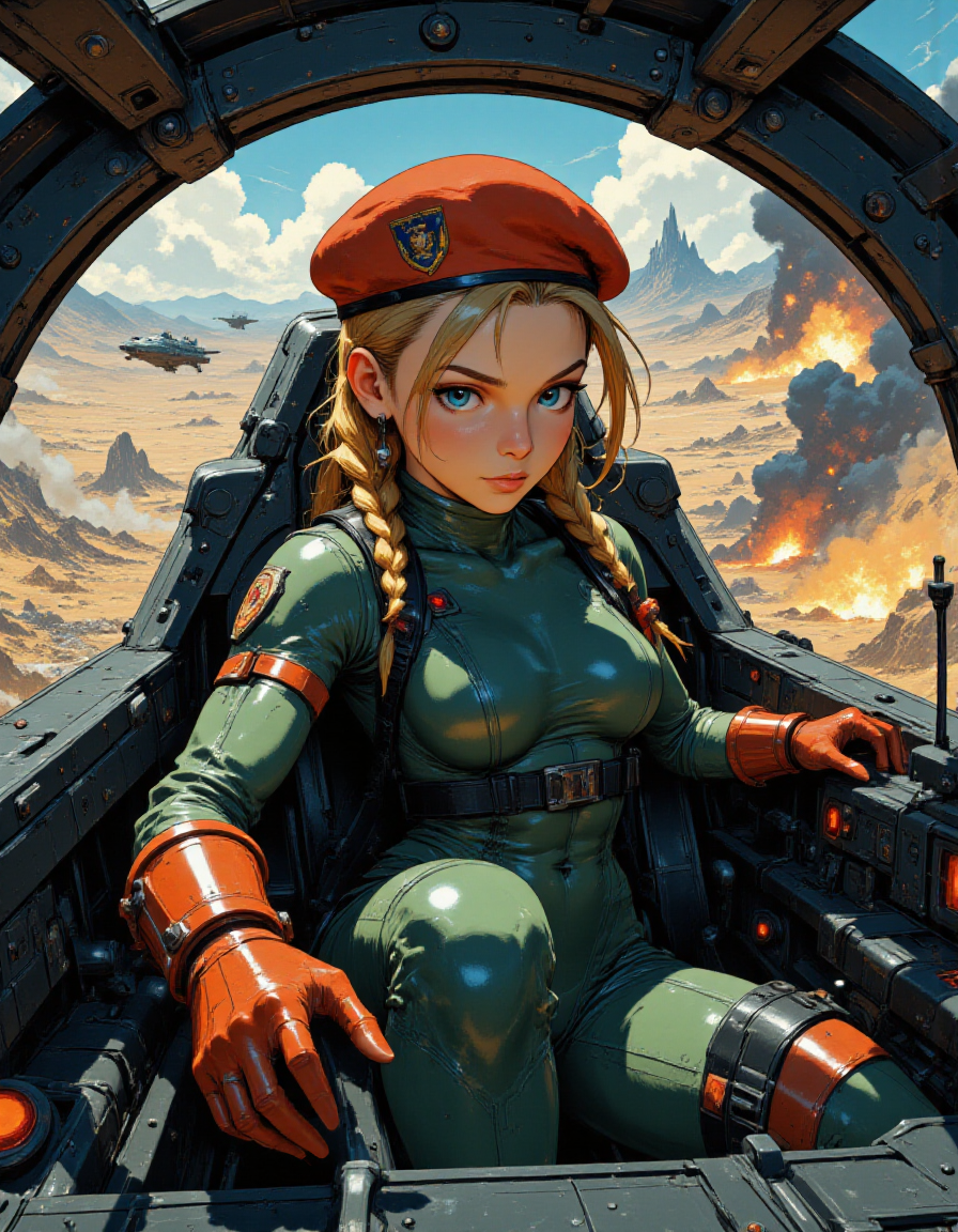 <lora:gc_vintage:1> vintage <lora:Fancha_style_v.5:1> Fancha style <lora:Anime v1.3:1> <lora:Street_Fighter_-_Cammy_White:1> SF-Cammy <lora:Single_Seater_Cockpit_Flux:1> single, seater