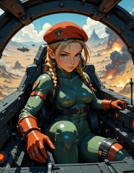 <lora:gc_vintage:1> vintage <lora:Fancha_style_v.5:1> Fancha style <lora:Anime v1.3:1> <lora:Street_Fighter_-_Cammy_White:1> SF-Cammy <lora:Single_Seater_Cockpit_Flux:1> single, seater