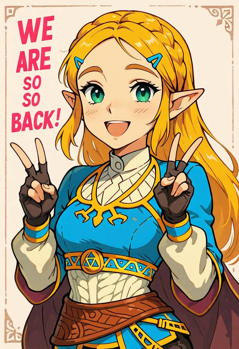 masterpiece, best quality, 1girl, solo, eyelashes, (beautiful eyes),    We4reSoB4ck, text, masterpiece, best quality, medium breasts, (curvy), princess zelda, long hair, crown braid, hairclip, pointy ears, blue shirt, long sleeves, fingerless gloves, black gloves, (upper body), white shirt, smile, teeth, :D, v,  ,<lora:We4reSoB4ck_IXL_v1:1.0>,
