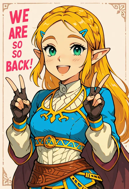 masterpiece, best quality, 1girl, solo, eyelashes, (beautiful eyes), We4reSoB4ck, text, masterpiece, best quality, medium breasts, (curvy), princess zelda, long hair, crown braid, hairclip, pointy ears, blue shirt, long sleeves, fingerless gloves, black gloves, (upper body), white shirt, smile, teeth, :D, v, ,<lora:We4reSoB4ck_IXL_v1:1.0>,