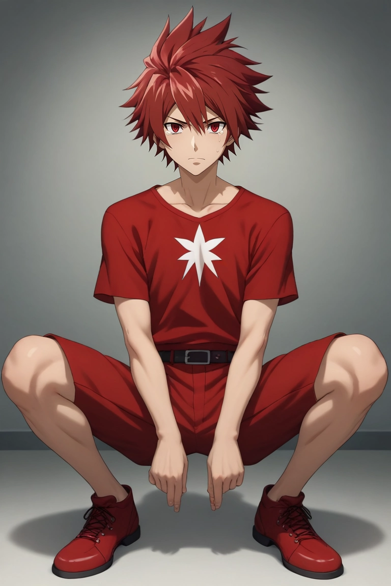 score_9, score_8_up, score_7_up, source_anime, rating_safe, , (3d:0.4), looking at viewer, , 1boy, solo, male focus, <lora:takuto_tsunashi_pony:0.78>, takuto_tsunashi, red hair, red eyes, spiked hair, bangs, , full body, armory, light, spread legs, tearing up, , <lora:sdxl_lightning_8step_lora:1>