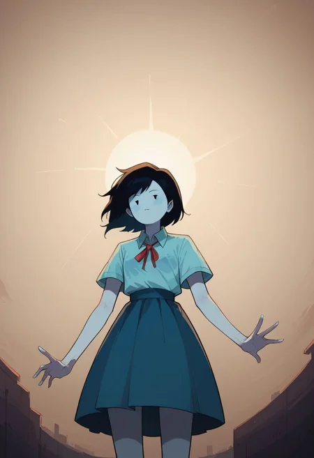 score_9, score_8_up, score_7_up,1girl,dot eyes,grey skin,marceline from adventure time, black hair, natural skin imperfections, extremely detailed, misty glass behind, from below, cinematic, filmic, exteremely high contrast, low saturation, delicate soft hazy lighting, very dark dark neon lighting, 80mm f2.8 lens, cinestill 8 0 0 t film, teal backdrop, misty atmosphere, source_cartoon, in the style of adventure time, Expressiveh, zPDXL