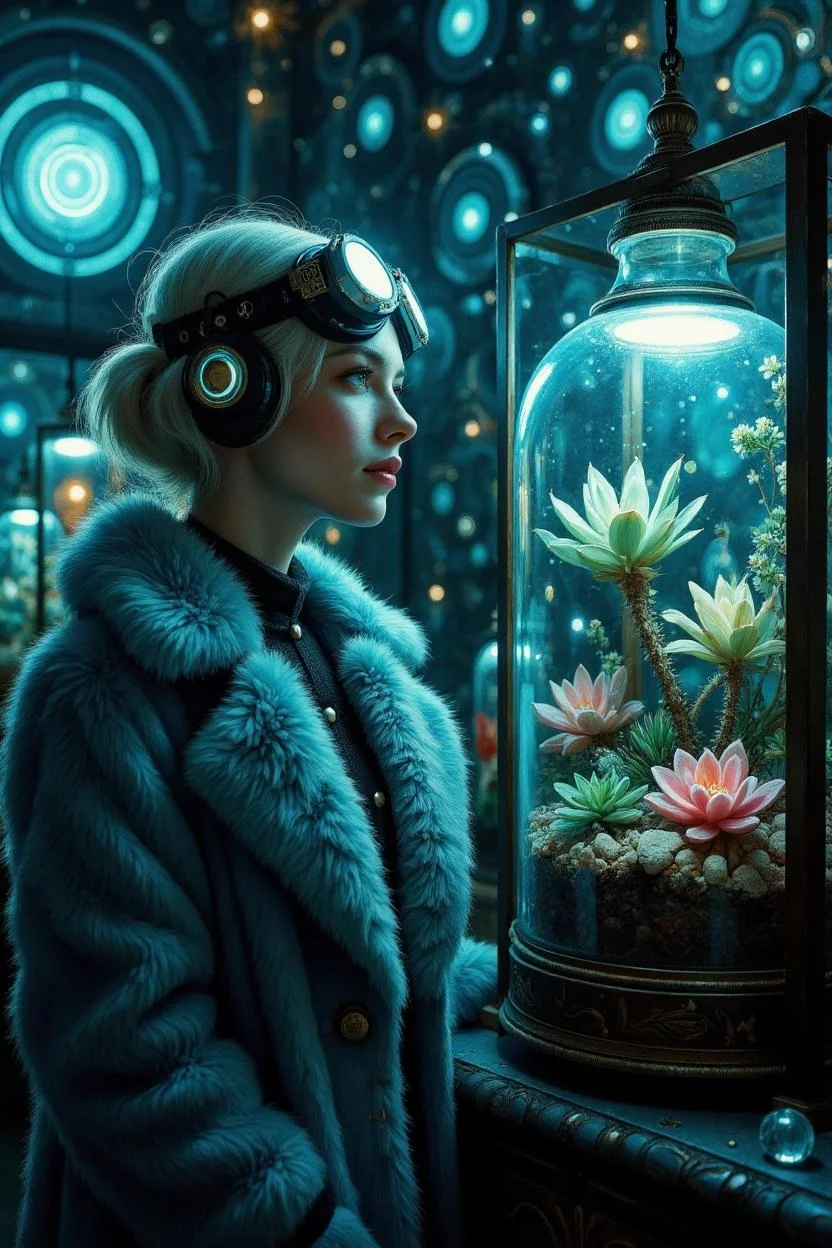 <lora:ck-swirlycircles-000015.safetensors:1> digital artwork in the style of ck-swc
In a dimly lit room, a 35-year-old woman with platinum blonde hair and a serene expression stands before a large, meticulously arranged terrarium. Her cyberpunk-style goggles rest atop her head, their futuristic design hinting at a world beyond the confines of her controlled environment. She wears a bright blue fur coat, its ornate buttons catching the light in the room, which is bathed in a soft, ethereal glow. The background is a blend of abstract, neon light patterns, with glowing blue and turquoise circles casting a dreamy, high-contrast atmosphere.
The terrarium, framed in dark wood, stands as a perfect representation of her life: a blend of modern and classic elements. The pastel succulents inside, once symbols of peace and order, now hint at a deeper, hidden darkness. A small, out-of-place pebble disrupts the otherwise perfect symmetry, and a slight shadow looms over the terrarium, casting a foreboding presence. The woman's intense, almost obsessive focus on the terrarium is captured in a side-angle shot, with crisp, well-lit clarity that emphasizes her growing sense of unease.
Her surroundings are a mix of steampunk and art nouveau influences, with intricate textures and rich colors. The room is filled with detailed digital art, adding to the dreamy, almost otherworldly atmosphere. Her glowing headlight-like accessories and the soft blue hue that permeates the image further enhance the sense of a world on the verge of crumbling. The cracks in her carefully constructed facade are beginning to show, and the terrarium, once a symbol of her control, now reflects the turmoil within.