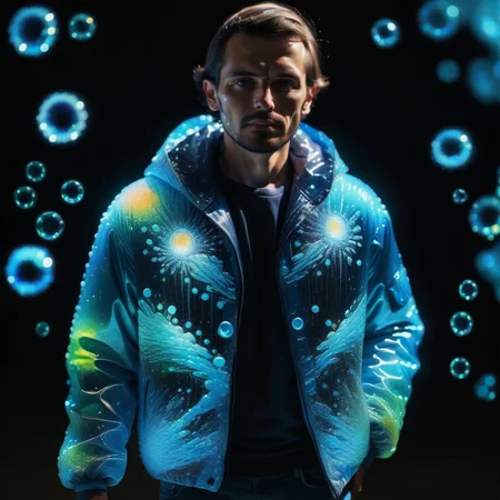 a man wearing a jacket made out of Jed-Bwtrspkl, <lora:BioWaterSparkleStyle:1>