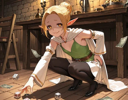 masterpiece, amazing quality, high resolution, medieval tavern, ry0n, hair bun, blond hair, yellow eyes, elf, flat chest, green clothes, belt, short white cape,white skirt, detached sleeves, black pantyhose, squatting, throwing dice, gambling, money on floor, smug, mouth open, shaded face