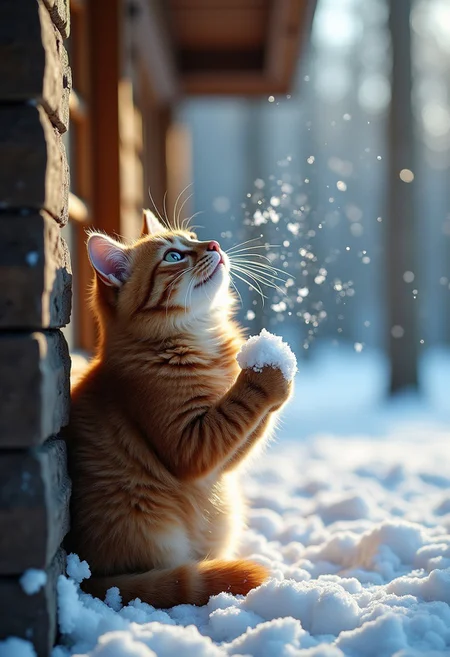 fluffy cat catches huge big snowflakes sitting on the porch of a forest house, realistic, hyper-detailed, kodak 50mm lens, professional photoshoot, macro, close-up