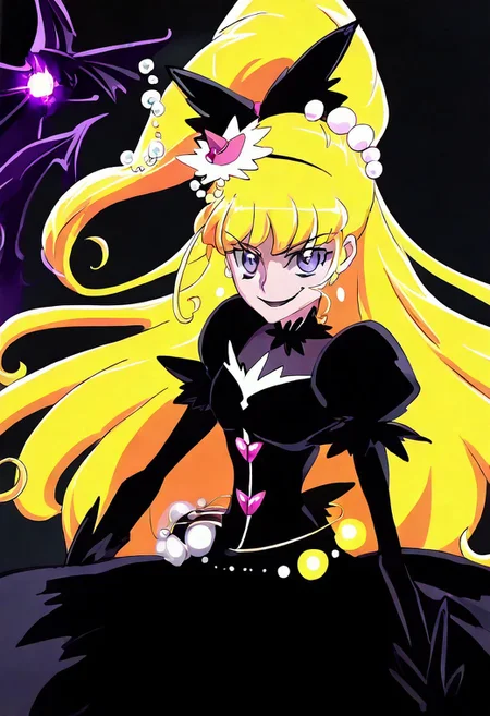 cure miracle, cure miracle \(diamond style\), crmrcldiamond, blonde hair, high ponytail, half updo, very long hair, shiny hair, hair beads around ponytail, eyebrows visible through hair, purple eyes, eyelashes, mini witch hat,
black dress, black costume, small devil wing,
simplebackground, (dark indoor, evil smile) ,spot light