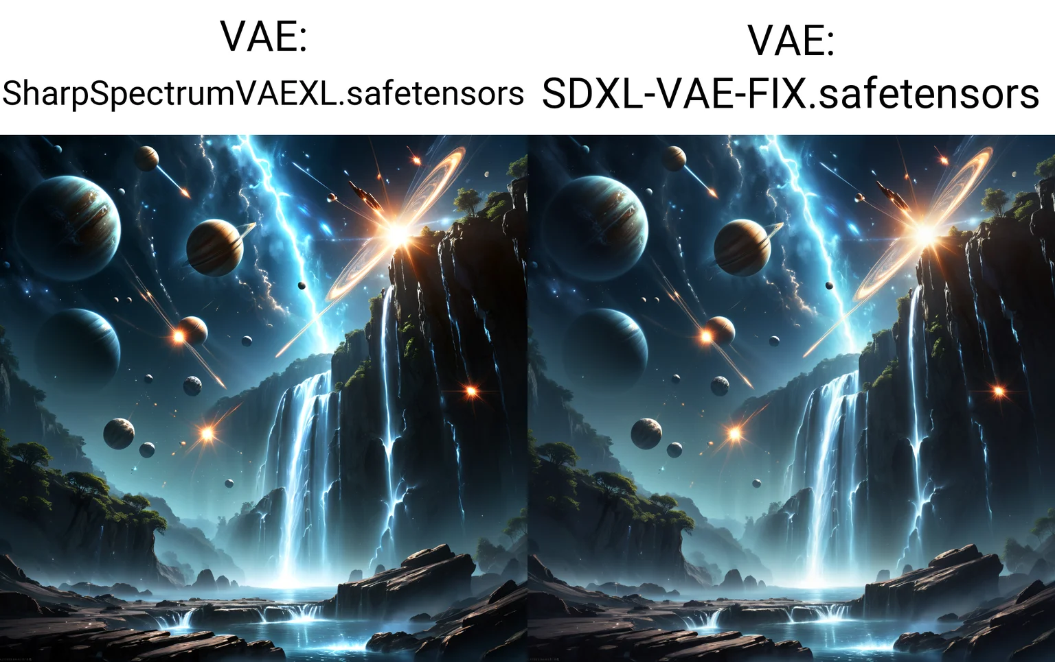 Abstract style a space scene with planets and stars, meteors are falling from the sky, beautiful image ever created, galactic waterfalls, in forcasted sky, flares, from starcraft, inspired by Jitish Kallat, connectedness, scattered, hubble image . Non-representational