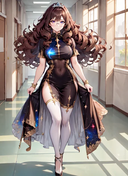 ((best quality)), ((highly detailed)), absurdres, (detailed eyes, deep eyes), (1girl), (glasses), close-up, dynamic pose, full body}, <lora:stellar_clothing-1.0:.8>, ((stellar clothing)), princess, ((very long hair)), <lora:big_hair-1.0:1>, big hair, curly hair, light brown hair, large dress, (maxiskirt), tiara, (inside, <lora:school_hallway_v0.1:1>, school hallway)