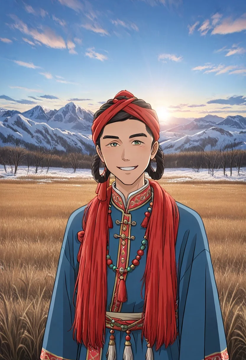 Khampa Tibetan Red Headknots
wearing Red Headknots,solo,1 handsome young man,,1 tibetan boy,happy,looking at the viewer
anime screencap,tibetan dress, looking at viewer,grassland,sun,meadow,cloudy sky,blue sky,winter,snow