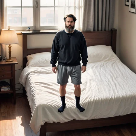 (best quality), (masterpiece), ultra-detailed, illustration, a scene involving one bearded shrunken man, looking at viewer, 30 year old, (huge loose oversized baggy sweatshirt and loose long baggy shorts), wearing long baggy loose socks, (shrunken man standing next to bed in bedroom), next to beside table, bedroom, desk, chair, lamp, curtains, wood floors, side table, windows, apartment, dynamic light, combed back black hair, 8k uhd, dslr, soft lighting, high quality, film grain, Fujifilm XT3, sharp focus, F/8.0, <lora:shrunk_xl_64_v11:1>