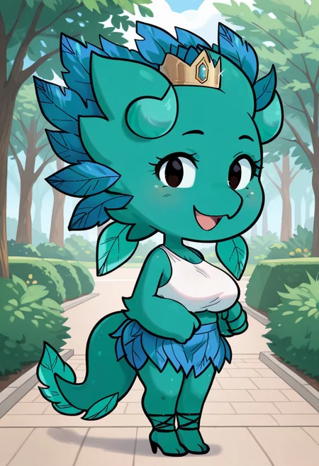 masterpiece, best quality, amazing quality, very aesthetic, high resolution, ultra-detailed, absurdres, newest, full body BREAK 1girl, solo, KP, anthro, furry female, lizard tail, green skin, chibi, black solid oval eyes, smile, white crop top, blue skirt, leaf, black high heels, strappy heels, gold crown, standing, looking at viewer, open mouth, smile, happy, outdoors, park