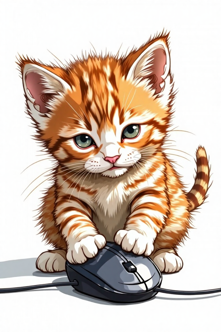 hand-drawn sketch of a kitten batting at a computer mouse, in Color sketchnote style.