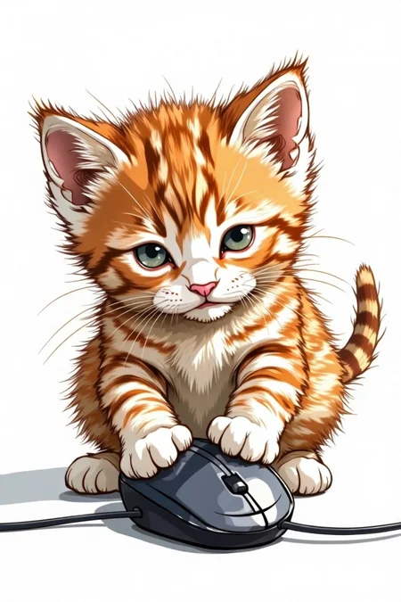 hand-drawn sketch of a kitten batting at a computer mouse, in Color sketchnote style.