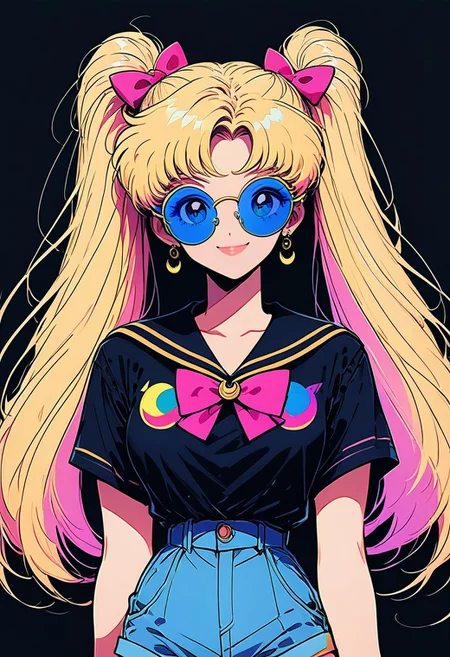 score_9, score_8_up, score_8, medium breasts, (curvy), cute, eyelashes,       
sailor moon, 
 1girl, solo, long hair, looking at viewer, bangs, blue eyes, blonde hair, shirt, bow, twintails, jewelry, very long hair, pink hair, short sleeves, hair bow, multicolored hair, cowboy shot, earrings, glasses, shorts, black shirt, short shorts, sunglasses, pink bow, black background, t-shirt, blue shorts, round eyewear, arms at sides, shirt tucked in, print shirt, tinted eyewear, high-waist shorts, smile,
zPDXL,