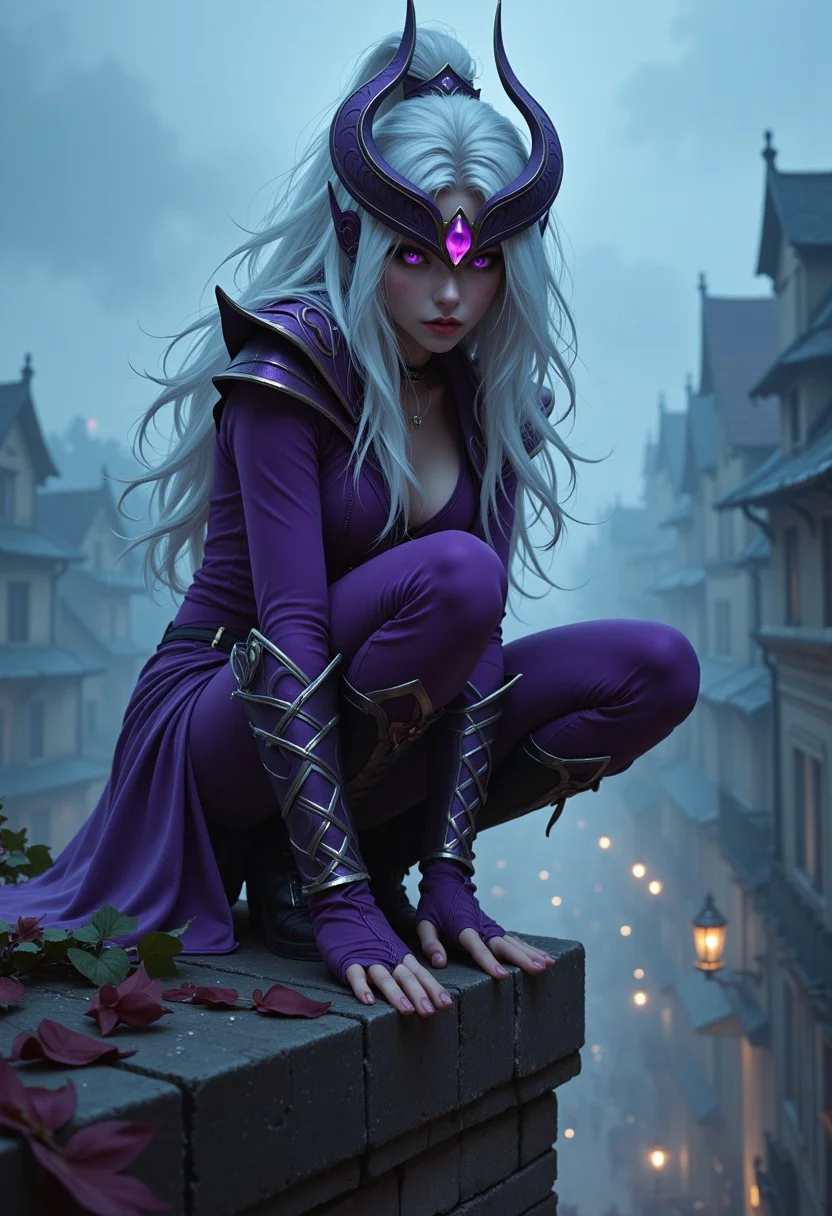 A Syndraa, crouched on the edge of a rooftop, her translucent form blending with the swirling fog, she prepares to leap into action. She is wearing purple Syndraa outfir. Her beautiful pale purple eyes reflect a fierce resolve, shining with both quiet strength and an underlying vulnerability. The sharp, delicate features of her face are framed by long, sleek white hair, slightly tousled, with strands falling over one eye, adding to her mysterious allure. Her expression is a mesmerizing mix of determination and fragility, capturing the duality of a warrior ready to fight yet imbued with an ethereal, almost otherworldly beauty. she is wearing an ornate headpiece that resembles a helmet, with a purple gem in the middle. The city streets below are dimly lit with flickering lanterns and shadows of distant figures moving through the mist.