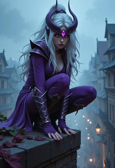 A Syndraa, crouched on the edge of a rooftop, her translucent form blending with the swirling fog, she prepares to leap into action. She is wearing purple Syndraa outfir. Her beautiful pale purple eyes reflect a fierce resolve, shining with both quiet strength and an underlying vulnerability. The sharp, delicate features of her face are framed by long, sleek white hair, slightly tousled, with strands falling over one eye, adding to her mysterious allure. Her expression is a mesmerizing mix of determination and fragility, capturing the duality of a warrior ready to fight yet imbued with an ethereal, almost otherworldly beauty. she is wearing an ornate headpiece that resembles a helmet, with a purple gem in the middle. The city streets below are dimly lit with flickering lanterns and shadows of distant figures moving through the mist.