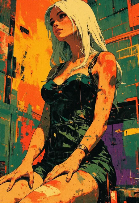 This is a digital artwork created in a style reminiscent of glitch art, featuring a woman with long, platinum blonde hair and a slender physique. The image is composed of fragmented, overlapping elements that create a sense of movement and distortion. The woman appears to be sitting, with her legs crossed, and her hands resting on her knees. Her expression is contemplative, and she is dressed in a form-fitting, dark emerald green dress that highlights her figure. The background is a chaotic mix of colors, including shades of orange, teal, yellow, and deep violet, with abstract shapes and lines that add to the glitchy, fractured appearance. The textures in the image are smooth and polished, typical of digital art, with sharp contrasts and vivid colors. The overall composition is dynamic and abstract, with a focus on the woman's figure and the surrounding digital chaos. in the style of cksc,