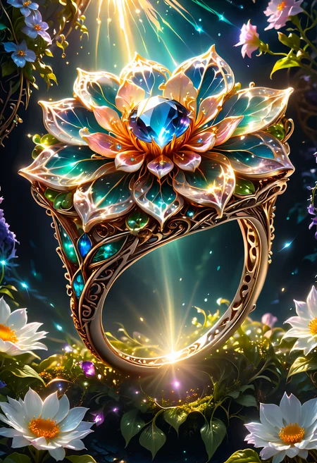flower magic, focus on an elaborate ring, jewelry, ring, (intricate details), (hyperdetailed), 8k hdr, high detailed, lot of details, high quality, soft cinematic light, dramatic atmosphere, atmospheric perspective