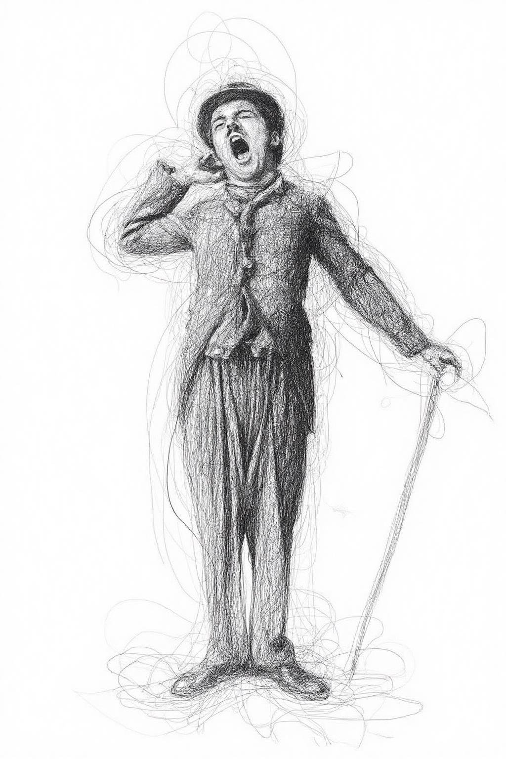 Drawing depicting Charlie Chaplin as the Tramp, yawning. <lora:scribble1_nbm_d6a3:1.0><lora:822519416089721046:0>