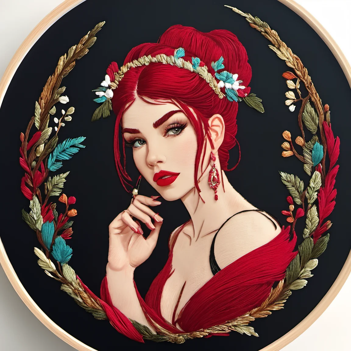 embrodarythreadart , girl,<lora:embrodary_thread_art:1>, alluring portrait, intricate, highly detailed, digital painting, artstation, concept art, naughty, sharp focus, cinematic lighting, illustration, art by artgerm and greg rutkowski, alphonse mucha, cgsociety