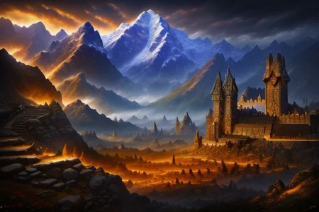 landscape with a fantasy dwarven fortness from afar high up in the mountains, highly detailed, (masterpiece:1.3), subsurface scattering, high fantasy dwarvish style, squat windproof stony houses, surrounded by a massive city wall, magnificent dwarf architecture, forge fires, intricate details, high resolution, high-quality textures, vivid textures