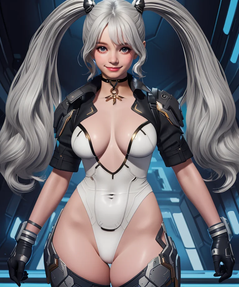bnnyulti,grey eyes,white hair,twin tails,smile,
white leotard,black cropped jacket,black choker,gloves,(covered nipples:0.9),cameltoe,
curvy,standing,
facility,science fiction,
(insanely detailed, masterpiece, best quality),solo,<lora:BunnyUltimate-FD-18:0.8>,