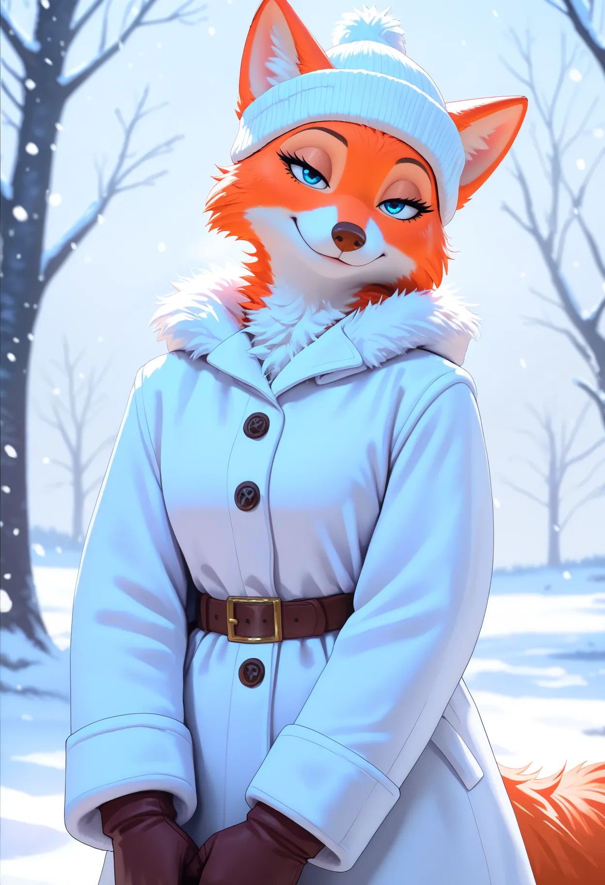 masterpiece, best quality, newest, absurdres, highres, safe, beautiful lighting, detailed, realistic, BREAK,
1girl, solo, marianc, female, orange fur, blue eyes, brown nose, tail, ears, upper body focus, white winter coat, brown belt, standing, from front, bedroom eyes, looking at viewer, purple winter hat, white beanie, smile, motherly, mouth closed, arms by side, half-closed eyes, brown gloves, playful, winter, snowing, outdoors, snow, trees, blurry background, neck fluff, chest fluff, fluffy, leaning to side, confident, suggestive, fox
, <lora:Marian_v10Noob3-9s96:0.8>    <lora:noobai_ep11_stabilizer_v0.138_fp16:0.8>