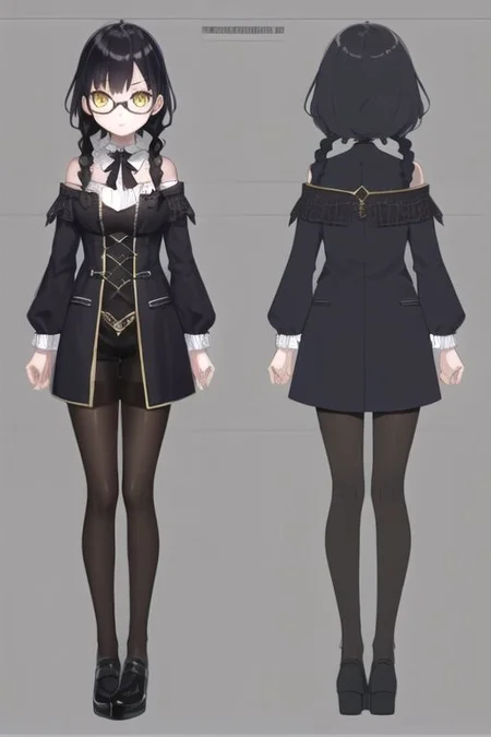 anime, girl, goth, black hair, twin braids hair, glasses, yellow eyes, black short shorts, witch, medieval fantasy, small boobs, uniform, shoulders, noble, gothic makeup,pantyhose, serious face, simple blackground, model sheet