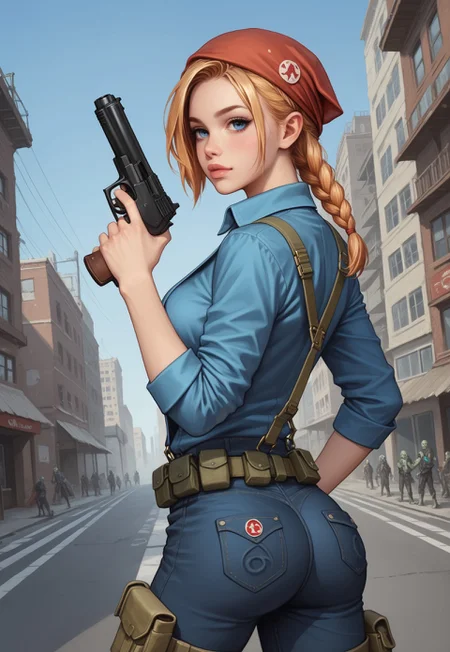 safe_pos, safe_pos, score_9, score_8_up, score_7_up, rating_explicit,
1girl, looking at viewer,
1 woman, braided ginger-blonde hair, hair patterned bandana, miner goggles over the air, closed buttoned dark shirt, navel exposed, cargo pants, suspenders, beautiful face, blue eyes, long legs, survivor, back view,
((full-clothed)),
((long big pistol in hands, handgun in hands:1.1)),
dynamic pose,
<lora:Cherry-Gig:0.55>,
(city in zombie-apocalypse collapse background:1.8),
(((upper body))),
dynamic pose,
detailed and realistic environment,
vibrant colors,
intricate details on clothing and accessories,
expressive and captivating eyes,
rugged and worn-out look,
survival gear and tools,
post-apocalyptic atmosphere