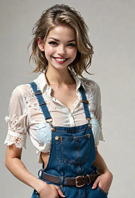 An image of a woman with a beaming smile and medium-length tousled hair. She is dressed in a white lace blouse with short sleeves under blue, distressed denim overalls cinched at the waist with a brown belt. Her wrist is adorned with a layered bracelet, adding to her relaxed yet stylish look.
fFaceDetaile