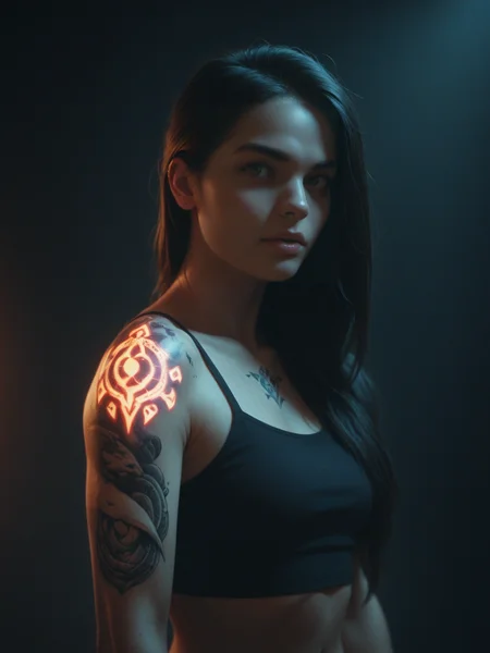 score_9, score_8_up, score_7_up, woman, clothed, tattoo on shoulder, (glowing runes  tattoo:1.2), portrait, standing in a dark room  <lora:Flash_Glowing_Runes_SDXL:1>