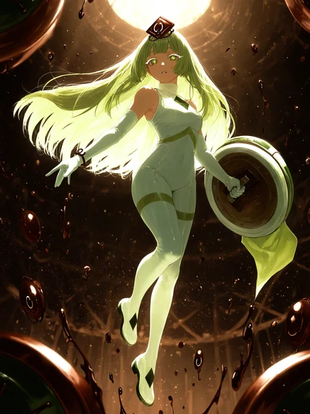 yoshino ns, <lora:CRK_GTMXL:1> CRK_GTMousse, 1girl, long hair, elbow gloves, sleeveless bodysuit, chocolate hair ornament, diamond \(shape\), cross-shaped pupils, bracelet, depth of field, floating, full body, <lora:cfg_scale_boost:0.5> lazypos, shield, white eyelashes, green hair, glowing,