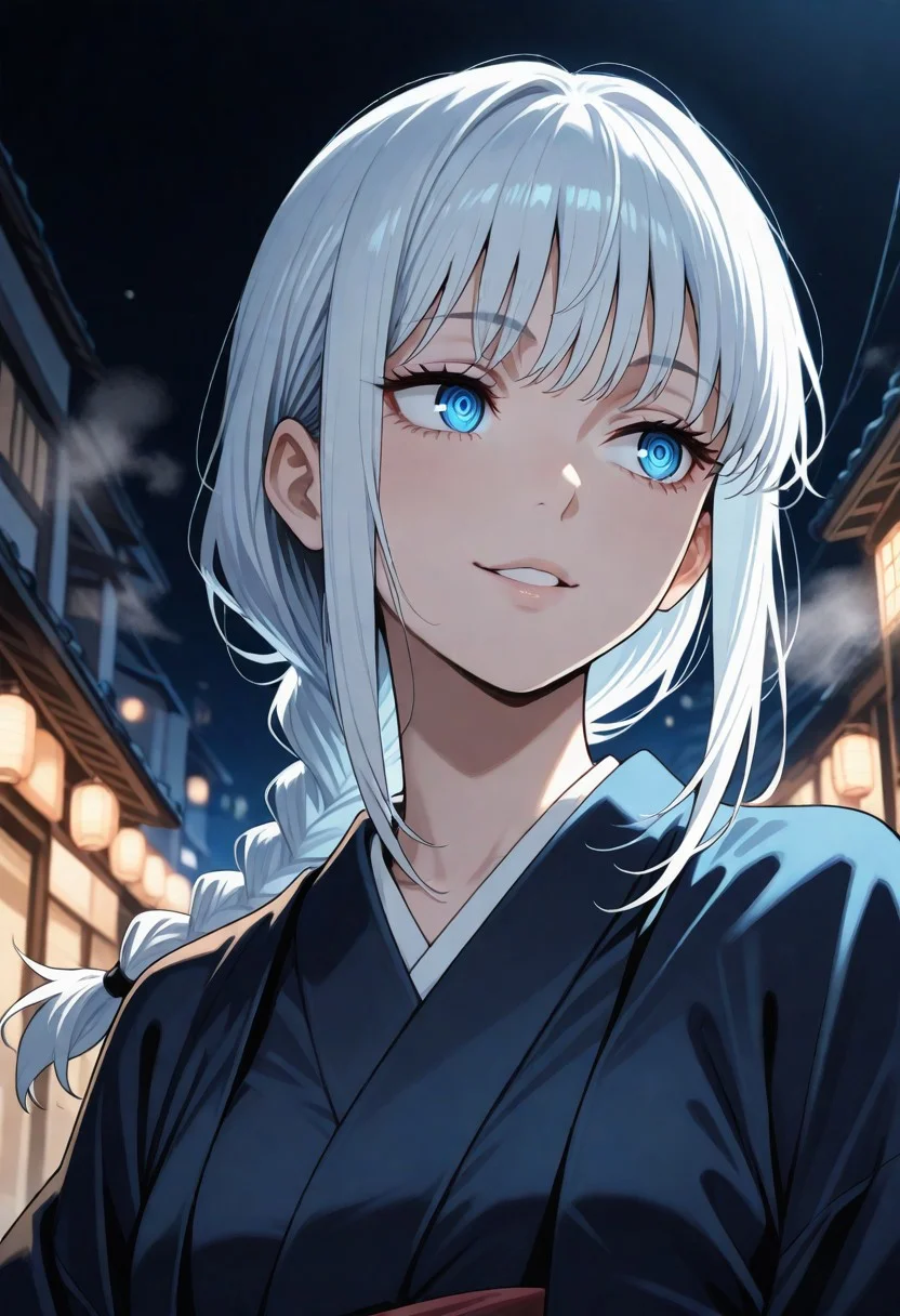 masterpiece, best quality, amazing quality, very aesthetic, flat colors, Jujutsu Kaisen artstyle, Chainsaw man artstyle,
female portrait, close up, 1girl, solo, makima (chainsaw man), long hair, smile, bangs, blue eyes, braid, white hair, braided ponytail, ringed eyes, kimono, close up, waist up, posing, looking away, parted lips, steam, cold weather, foggy, night time, Dark, misty, street, walking, dynamic angle, natural light,