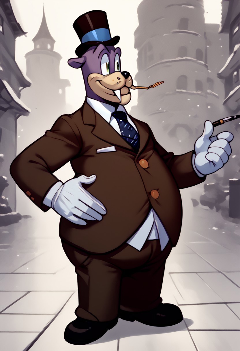 <lora:Honestjohngusherpony1.0:0.5> honest john gusher as a walrus, fat, overweight, walrus tusks, squinting eyes, smile, solo, 1boy, male focus, <lora:pony_monocles-step00000800:1>,(monocle),round eyewear, top hat,, suit, gloves, furry male, mustache, necktie, standing, score_9, score_8_up, score_7_up, score_6_up, score_5_up, score_4_up, looking at other, hand on own hip, cowboy shot, 1930's toon city,