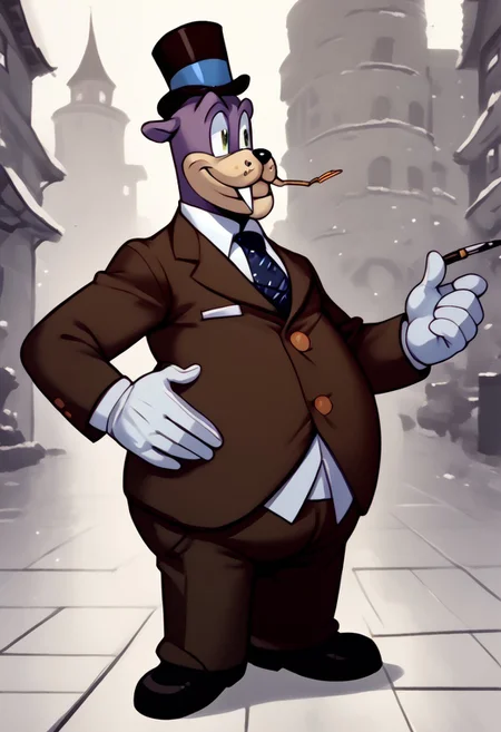 <lora:Honestjohngusherpony1.0:0.5> honest john gusher as a walrus, fat, overweight, walrus tusks, squinting eyes, smile, solo, 1boy, male focus, <lora:pony_monocles-step00000800:1>,(monocle),round eyewear, top hat,, suit, gloves, furry male, mustache, necktie, standing, score_9, score_8_up, score_7_up, score_6_up, score_5_up, score_4_up, looking at other, hand on own hip, cowboy shot, 1930's toon city,