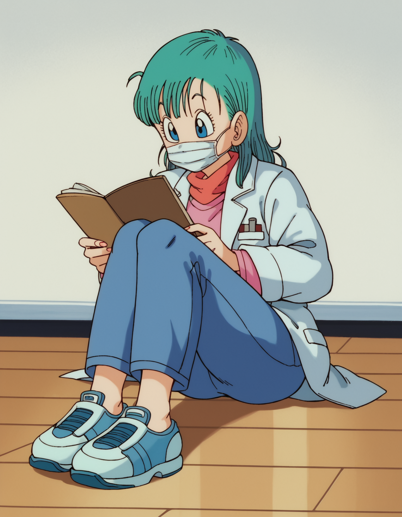 zPDXL, score_9, score_8_up, score_7_up, source_anime,
1girl, solo,  <lora:EarlyAkira_v3:0.8> drgbls1, doctor wearing a light blue lab coat, tailored pants, orthopedic shoes, holding a penlight,surgical mask, bulma, blue hair, blue eyes