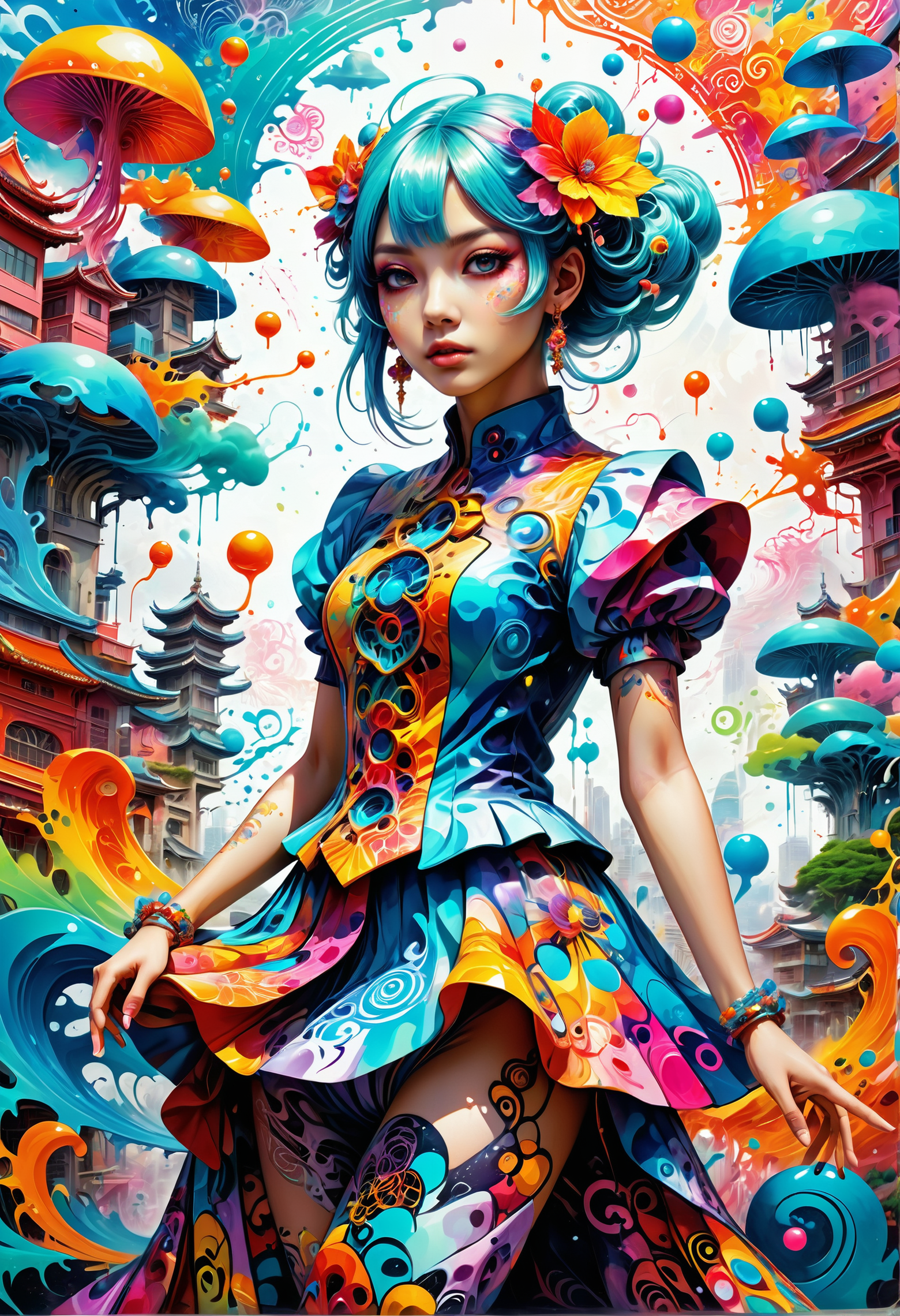 (((masterpiece))) , (((best quality))) , anime style, 2d, colorful, Timeless , ( 1girl, solo:1.3) , she is wearing  Graffiti Street Art fashion style Dress, pants, detailed background, in focus, Contemporary,  Bimbocore, 64K, HDR, otherworldly, womanly, celestial, fabulous colors, beautiful, illustrious quality, deep aesthetic,  Jed-Splash, colourful,  <lora:ColourfulStyle:0.7>